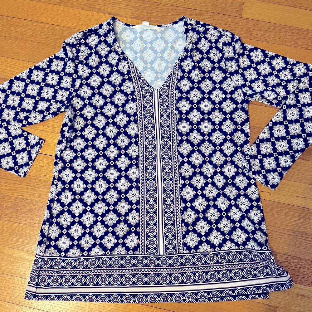 Magnolia Grace Navy Blue Patterned Women's Top - size L